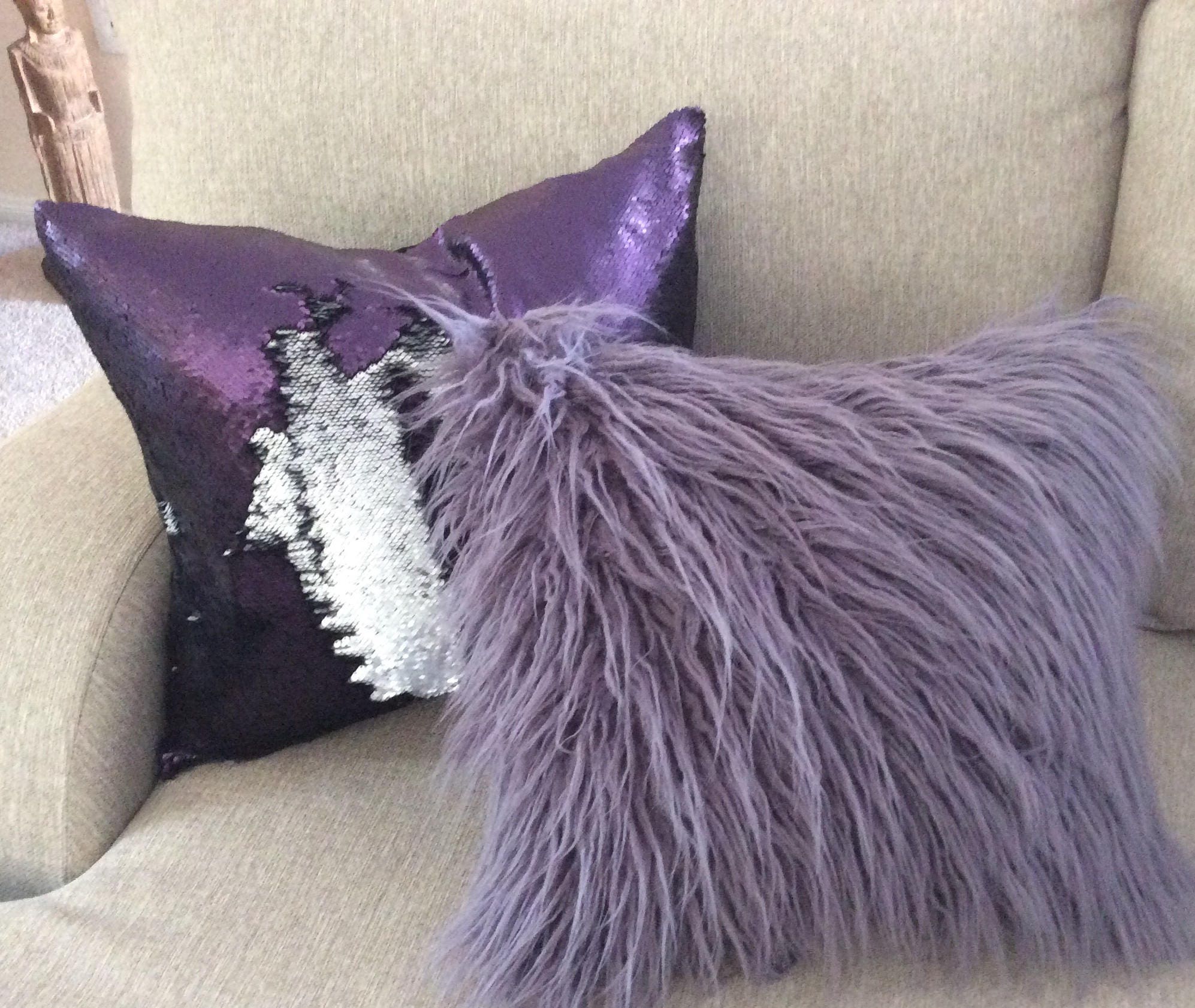 Purple faux fur throw pillows sale