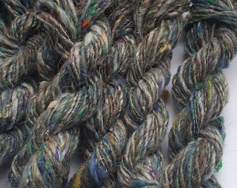 May include: A close-up of a bundle of yarn in shades of gray, blue, and green with flecks of color throughout. The yarn is soft and fluffy, and it would be perfect for knitting or crocheting.