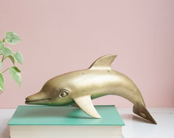 Brass Dolphin Figure - Coastal Brass Shelf Decor - Vintage Nautical Animal Office Decor - Beach House Decor - Brass Home Decor