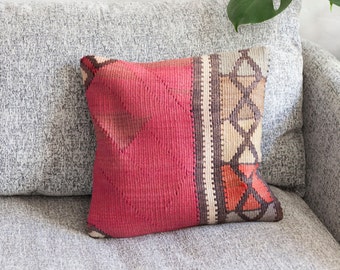 Pink Pillow Cover - 16" x 16" - Ethnic Handmade Kilim Pillow - Colorful Eclectic Bedroom Accent Pillow - Bright Living Room Decor