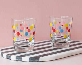 Fiesta Polka Dot Tumblers Pair of Two - Colorful Rocks Glasses - Red, Pink, Yellow, Blue Dotted Glasses - Whiskey Tumblers - Juice Glasses