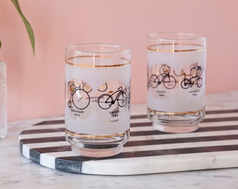 Vintage Bicycle Tumblers  Set of Two - Bicycle Enthusiast Gift - Juice Tumblers - Collectible Glassware - Old Timey Bike Printed Glassware