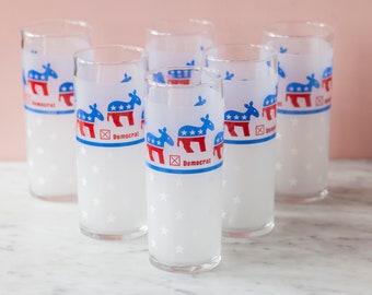Libbey "Democrat" Donkey Collins Drinking Glasses Set of Six - Frosted Collins Glass - Red White and Blue America Barware - Vintage Democrat