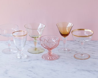 Boho Stemware Set of Six, Ready to Ship - Vintage Cocktail Glasses - 1960's Dinner Party Glasses - Summer of Love Glassware - Pink Glassware