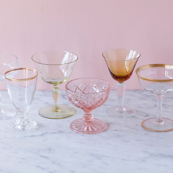 Boho Stemware Set of Six, Ready to Ship - Vintage Cocktail Glasses - 1960's Dinner Party Glasses - Summer of Love Glassware - Pink Glassware