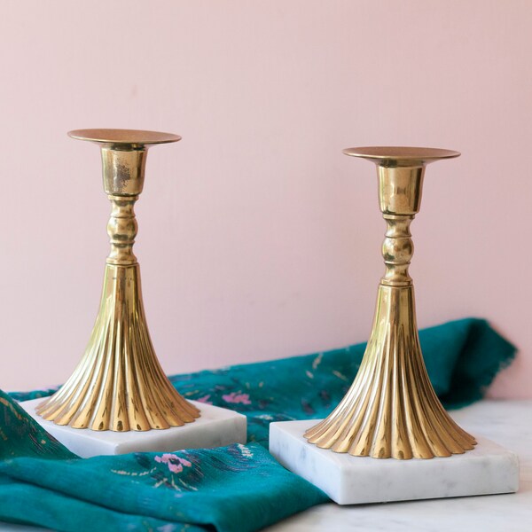 Art Deco Candlestick Holders Pair of Two with Marble Base - Shiny Brass Candle Holders - Vintage Table Setting Decor - New Years Decoration