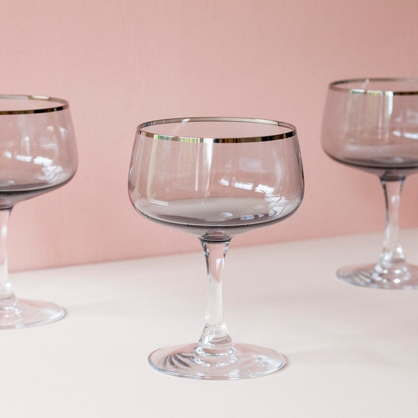 Fostoria Cherish Champagne Coupes Set of Four - Platinum Rim Wine Goblets - Mid Century Smokey Glassware - Vintage Barware - Wedding Gift