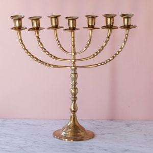 Large Brass Menorah - 14.5&quot; Tall Seven Branch Menorah - Antique Candelabra - Hanukkah Lamp - Symbol of Light - Jewish Holiday Decor