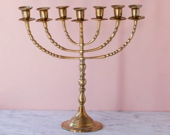 Seven Arm Brass Menorah - 14.5" Tall Seven Branch Menorah - Antique Candelabra - Hanukkah Lamp - Symbol of Light - Jewish Holiday Decor