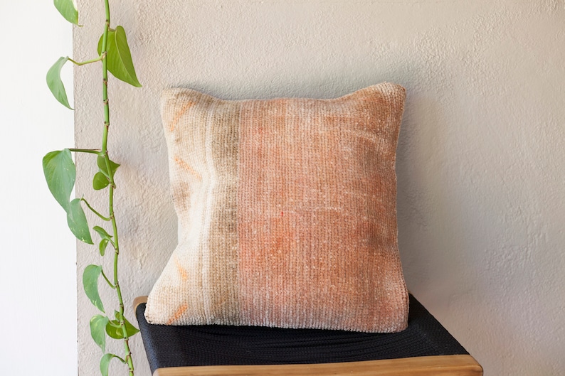 Peach Pink Decorative Square Kilim Pillow Cover 16 x 16 Handmade Vintage Throw Pillow Boho Eclectic Accent Pillow Nursery Decor image 1
