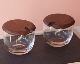 Glass Bowls with Wooden Lids Pair of Two - Mid Century Sauce Set - Condiment Bowls - Glass Salt Cellar - Chutney Dishes - Pinch Pot