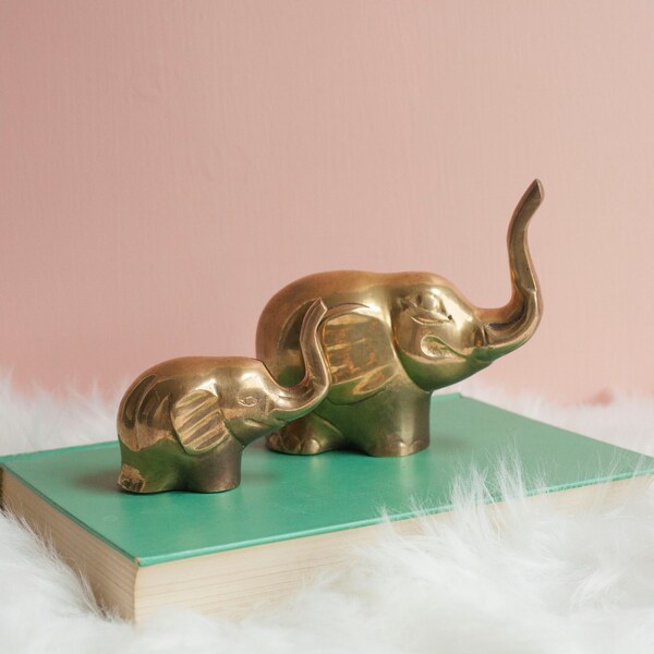 Brass Elephant Figurines Pair of Two - 2.5”- 4” Height - Vintage Brass Animal Figurines - Mom and Baby Animals Nursery Decor