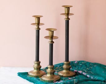 Brass Candlestick Holders Set of Three, Black Detailing - Graduated Heights Vintage Brass Candlesticks Holds 1" Candle - Holiday Decor