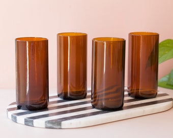 Amber Drinking Tumblers Set of Four - Upcycled Kombucha Bottles - Tall Water Glasses - Recycled Beer Glasses - Sustainable Gift