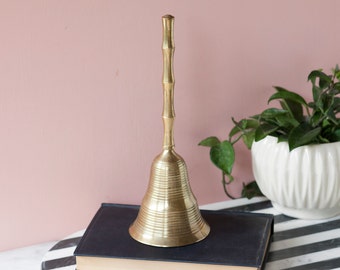 Large Brass Dinner Bell - Vintage Brass Bell - Christmas Shelf Decor - Large Ribbed Textured Bell with Long Handle -