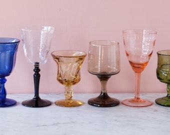 Colorful Mismatched Stemware Set of Six, Ready to Ship - Vintage Glassware - Dinner Party Glasses - Housewarming Gift - Vintage Wedding