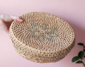 Vintage Woven Basket with Lid - Folk Art Woven Decor - Woven Storage Basket - Decorative Gift Basket - Tortilla Basket - Eclectic Home Decor