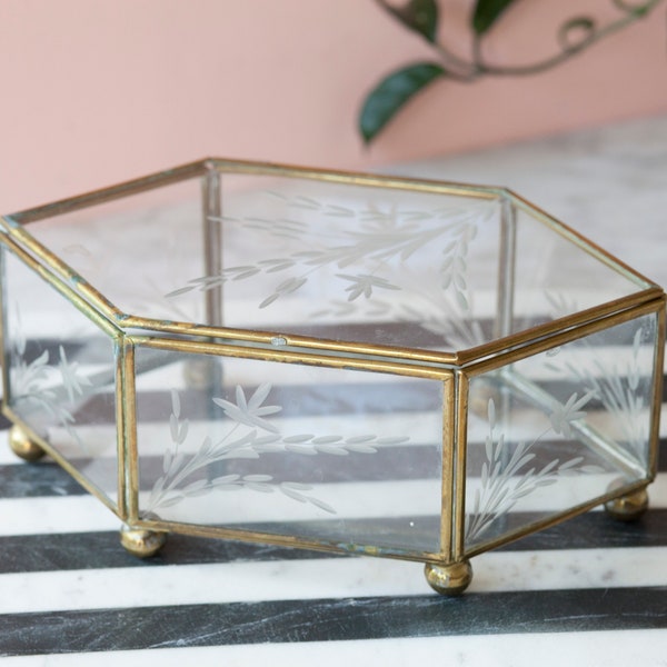 Hexagon Brass Keepsake Jewelry Box - Etched Glass Case - Vintage Vanity Storage - Jewelry Box, Photo Box, Trinket Box - Brass Storage Box