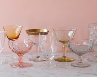 Set of Eight Mismatched Wine Glasses, Ready to Ship, Muted Colorful Vintage Cocktail Glasses - Cocktail Party Glasses - Vintage Wedding Gift