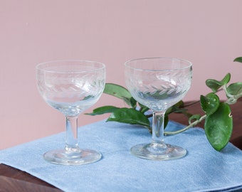 Nick and Nora Glasses Set of Two - Holds 4 Ounces - Anchor Hocking Laurel Leaf Delicate Etched Stemware - Aperitif Liqueur Glasses