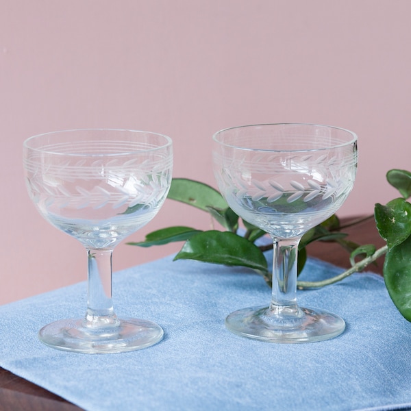 Nick and Nora Glasses Set of Two - Holds 4 Ounces - Anchor Hocking Laurel Leaf Delicate Etched Stemware - Aperitif Liqueur Glasses