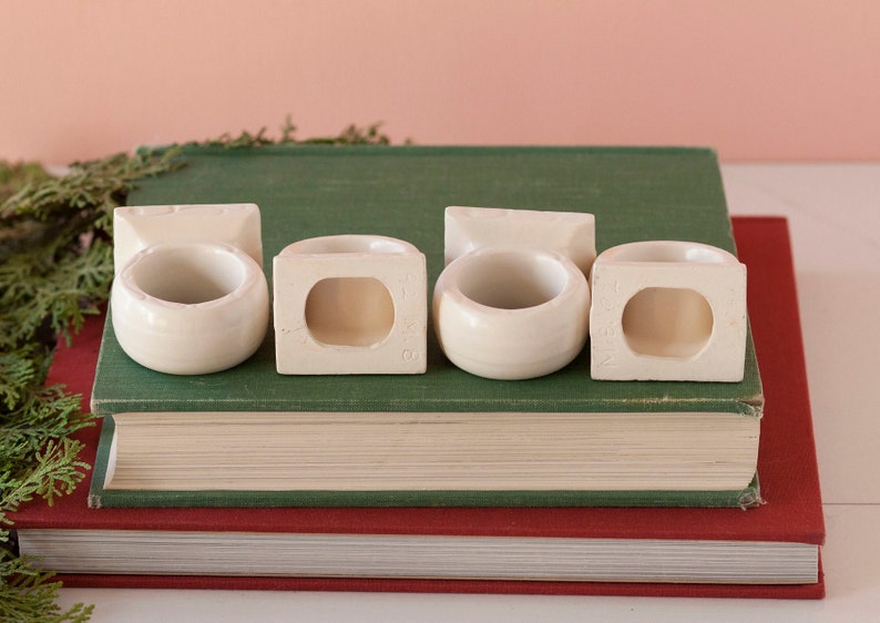 White Ceramic Napkin Rings Set of Four Vintage Handmade 1990's Table Setting Decor Holiday Napkin Rings Fabric Napkin Ring Holders image 7