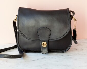 Coach Saddlery Bag in Black, Style 9535 - Vintage Coach Black Leather Crossbody Bag - 1980's Fashion Purse - Western Style Purse