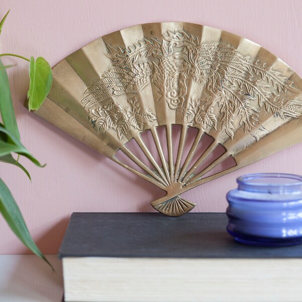 Brass Hand Fan with Flying Phoenix Motif - Vintage Brass Wall Decor - Eclectic Vintage Gift - Brass Wall Hanging