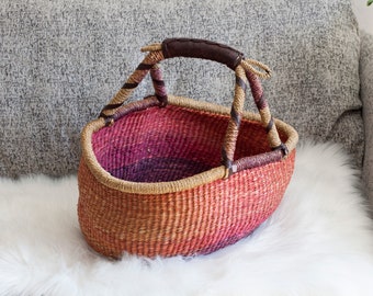 Bolga Basket - Decorative Blanket Basket - Hand Woven Basket - Farmers Market Basket - Woven Gathering Basket - Vintage Market Bag