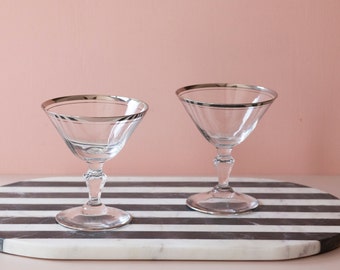 Cocktail Coupe Glasses with Platinum Rim Pair of Two - Mid Century Modern Barware - Vintage Glassware - Champagne Coupes - Holiday Barware