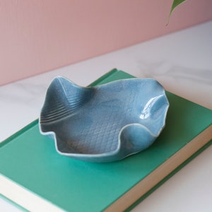 May include: A small, wavy-edged, blue ceramic bowl with a textured surface. The bowl is resting on a closed, green book. The background includes a pink wall and a gold-colored vase.