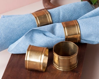 Brass Octagon Napkin Rings Set of Four - Well Worn Rustic Vintage Brass - French Country Table Setting - Fabric Napkin Ring Holders