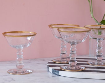 Bubble Stem Coupes Set of Four Gold Rim Glassware - Vintage Art Deco Barware - Tiffin Style Stemware - Wedding Gift - Cocktail Lover Gift