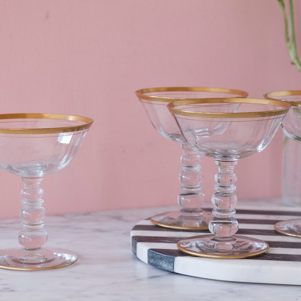 Bubble Stem Coupes Set of Four Gold Rim Glassware - Vintage Art Deco Barware - Tiffin Style Stemware - Wedding Gift - Cocktail Lover Gift