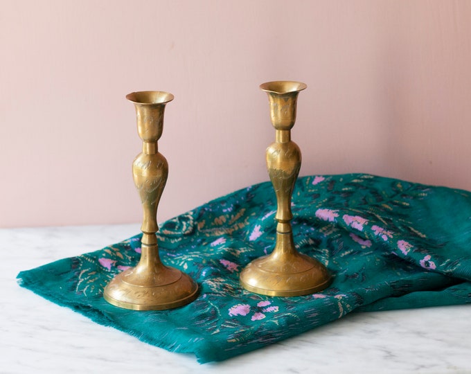 Pair of Etched Brass Candle Holders 7.5 Height Vintage Delicate Brass