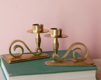 Brass Candlesticks Pair of Two - Weighted Footed Solid Brass Candle Holders - Boho Swirl Eclectic Candlesticks - Art Deco Style Brass Decor