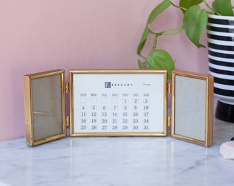 Trifold Textured Brass Picture Frame  - Wallet Sized Photo Frame, Instax Photo Frame - Perpetual Calendar - Brass Tabletop Picture Frame