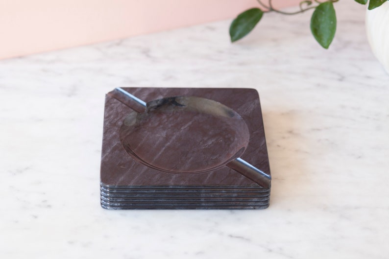 Square Marble Ashtray Vintage Black Marble Cigarette Holder Coffee Table Decor Collectible Catchall Tray Square Marble Tray image 5