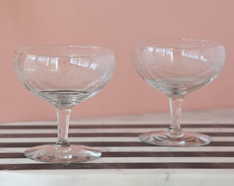 Art Deco Needle Etch Cocktail Coupes Set of Two - Hollywood Regency Champagne Saucers - Toasting Glasses - Vintage Wedding Glassware Gift