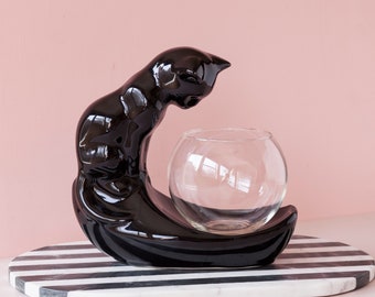 Black Cat Ceramic Figure with Fish Bowl by Haeger - Vintage Collectible Ceramic Cat - Black Cat Lover Gift - Office Decor - Indoor Planter