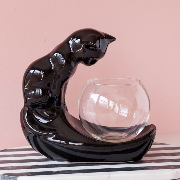Black Cat Ceramic Figure with Fish Bowl by Haeger - Vintage Collectible Ceramic Cat - Black Cat Lover Gift - Office Decor - Indoor Planter