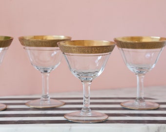 Gold Rimmed Coupes Set of Four - Gold Encrusted Rim Tiffin Style Glassware - Vintage Art Deco Barware - Hollywood Regency Coupes