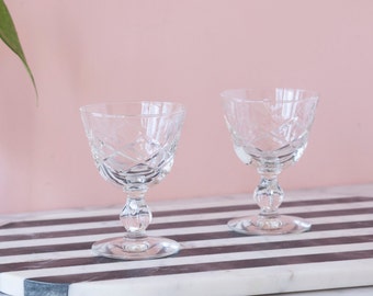 Diamond Cut Liquor Glasses by Libbey Set of Two - 1950's Vintage Barwware - Footed Whiskey Glasses - 4 oz Aperitif Glassware - Vintage Gift