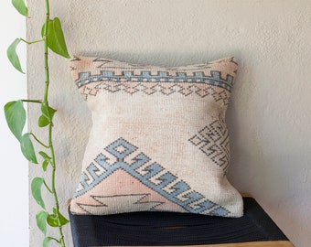 Geometric Square Kilim Pillow Cover - 16" x 16" - Pink, Cream Blue Handmade Vintage Throw Pillow - Boho Eclectic Accent Throw Pillow