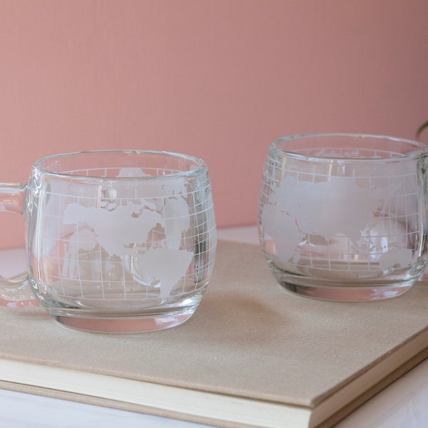 Nestle Nescafé Globe Mugs Pair of Two - Collectable Vintage Glass Mugs - Nestle World Map Mug - Geography Drinkware