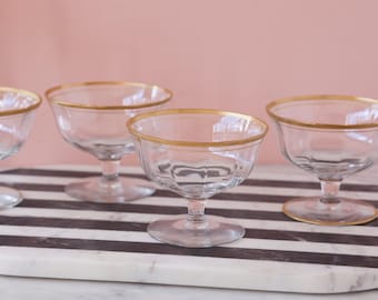 Gold Rimmed Champagne Coupes Set of Four - Tiffin Ring of Gold Champagne Saucers - Tiffin Optic Cocktail Glasses - Art Deco Style Barware