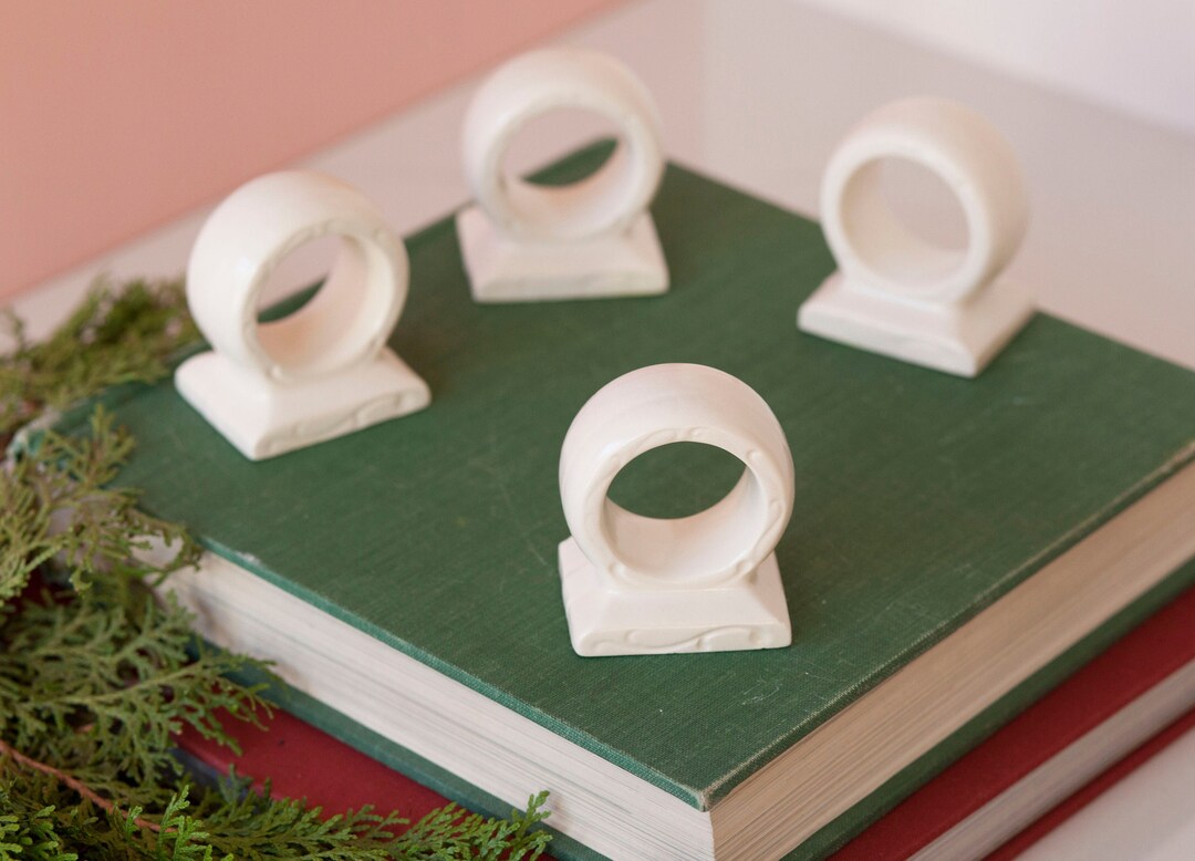 White Ceramic Napkin Rings Set of Four Vintage Handmade 1990's Table