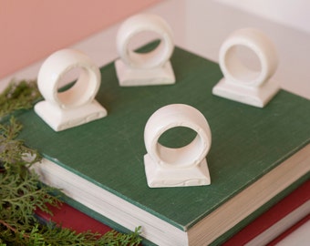 White Ceramic Napkin Rings Set of Four - Vintage Handmade 1990's Table Setting Decor - Holiday Napkin Rings - Fabric Napkin Ring Holders