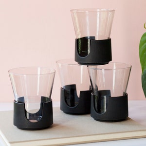 Corning Glas-Snap Tumblers Set of Four - Vintage Rocks Glasses with Black Plastic Koozies - 1970's Retro Glassware - Mid Mod Barware