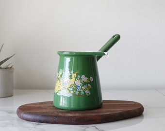 Turkish Coffee Pot -- Enamel Cezve -- Green Enamel -- Butter Warmer -- Enamel Pot with Handle